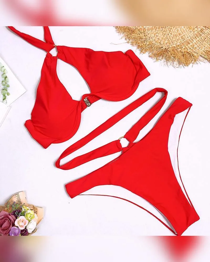 Solid Cut-out Halter Tanks With Panties Bikini Sets