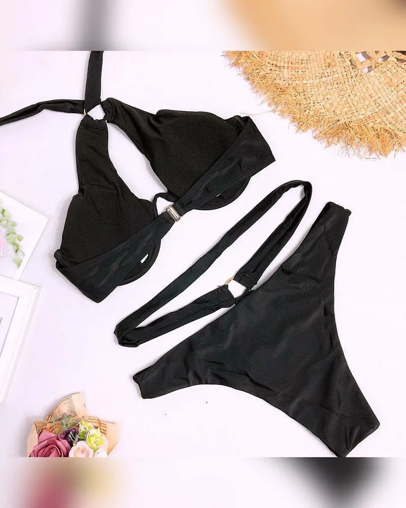 Solid Cut-out Halter Tanks With Panties Bikini Sets