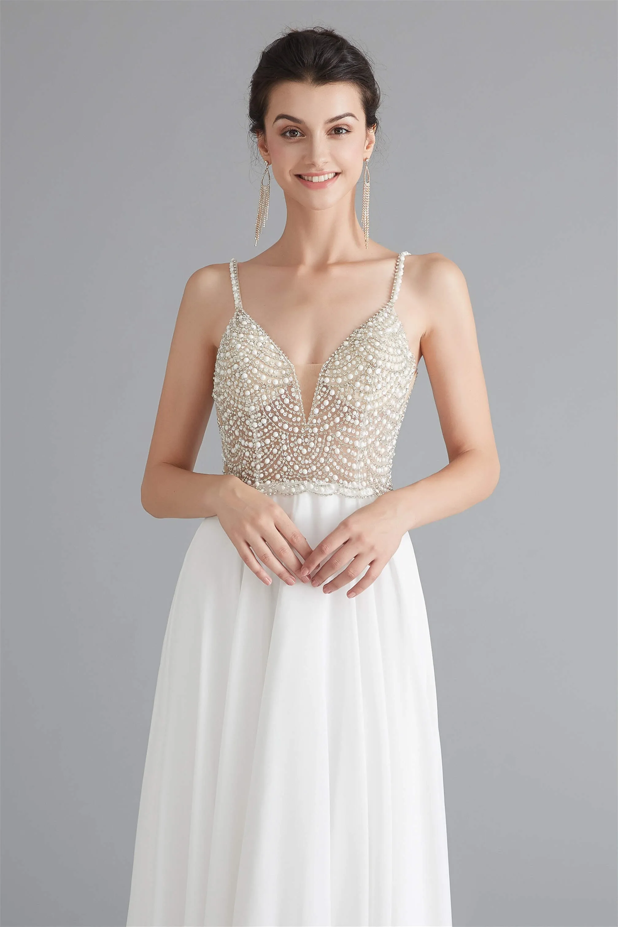 Spaghetti V-Neck Beaded Pearls Chiffon Prom Dresses