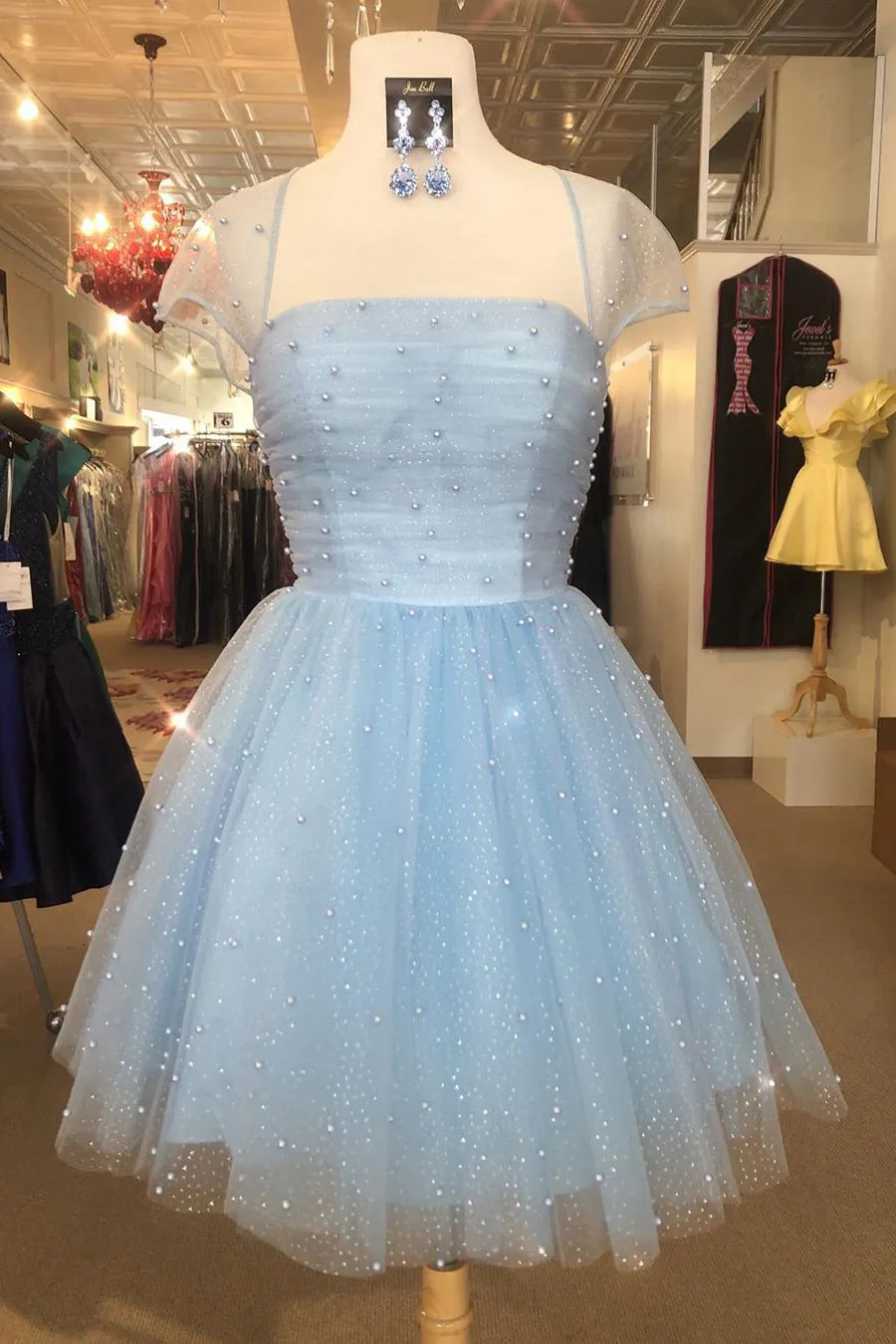 Sparkle Beaded Cap Sleeves Light Sky Blue Homecoming Dress