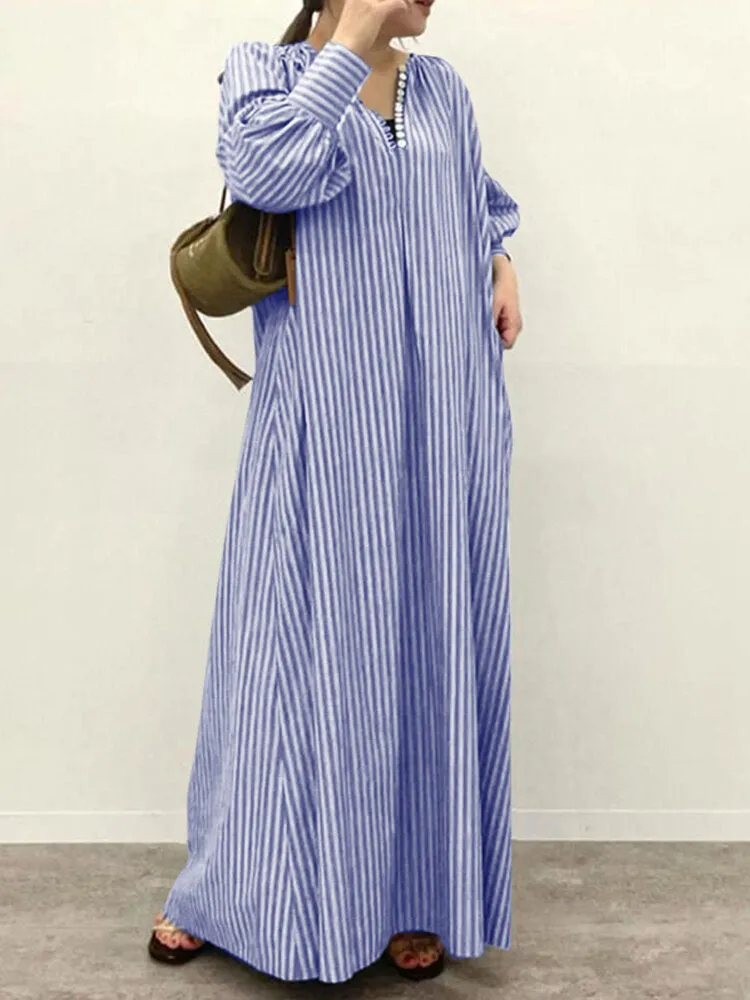 Stripe Print Button V-neck Long Sleeve Loose Shirt Dress