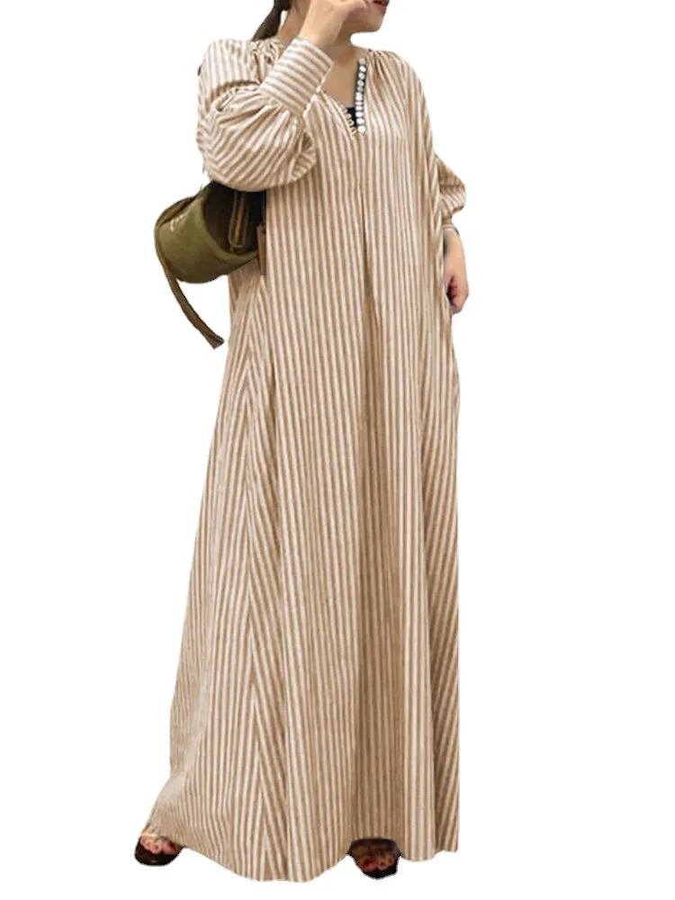 Stripe Print Button V-neck Long Sleeve Loose Shirt Dress