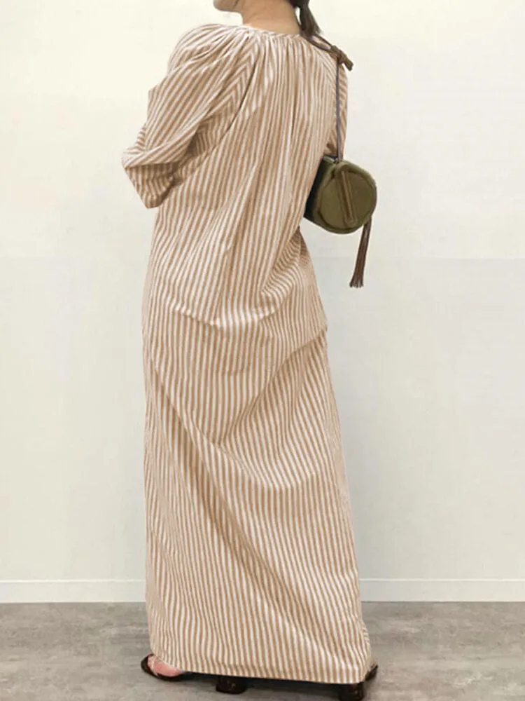 Stripe Print Button V-neck Long Sleeve Loose Shirt Dress