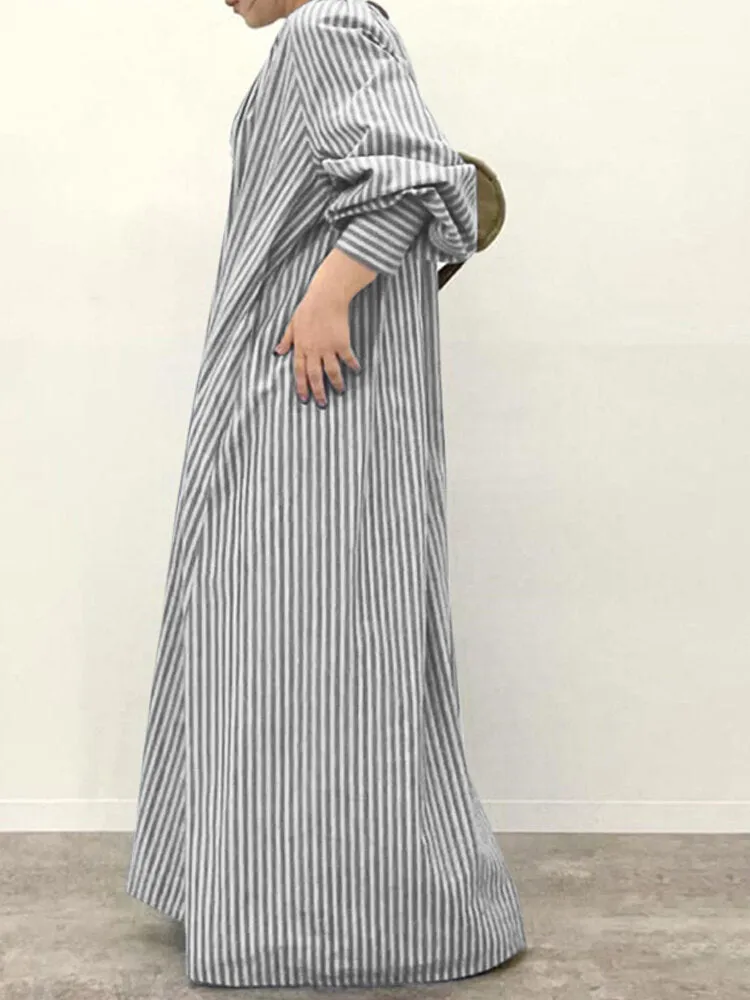 Stripe Print Button V-neck Long Sleeve Loose Shirt Dress