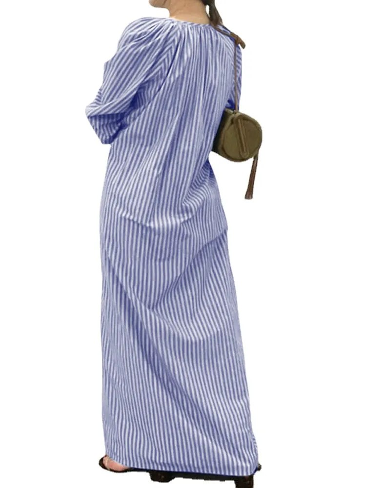 Stripe Print Button V-neck Long Sleeve Loose Shirt Dress