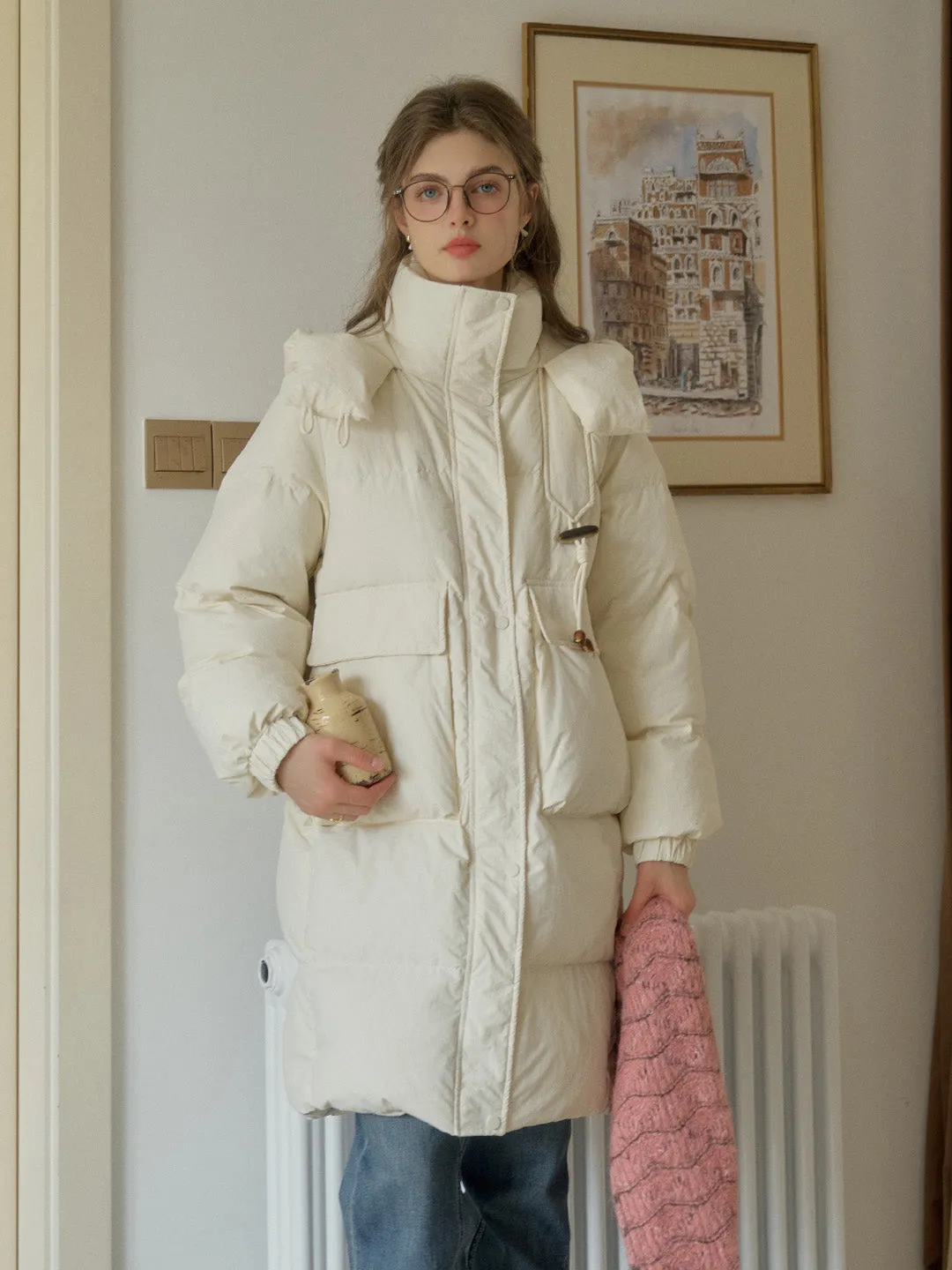 Winifred Mockneck Mid-Length Pocket Down Jacket - White